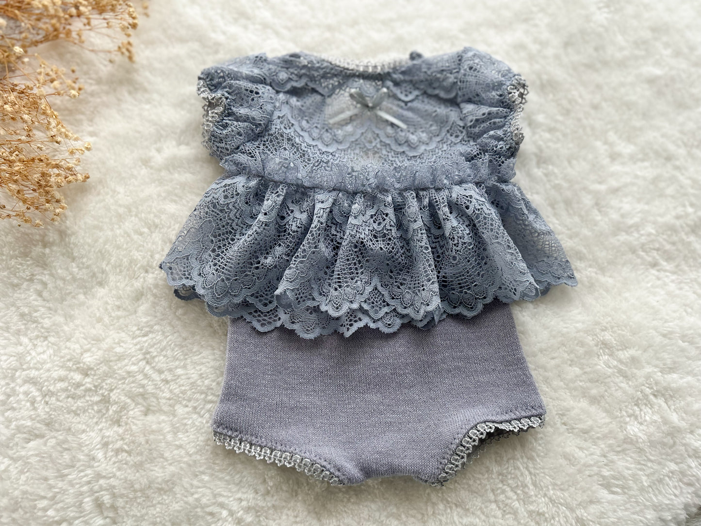 Lavender lace newborn top and panties set on wooden tray – baby girl photo prop