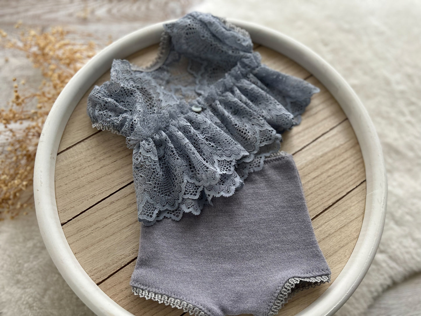 Lavender lace newborn top and panties set on wooden tray – baby girl photo prop