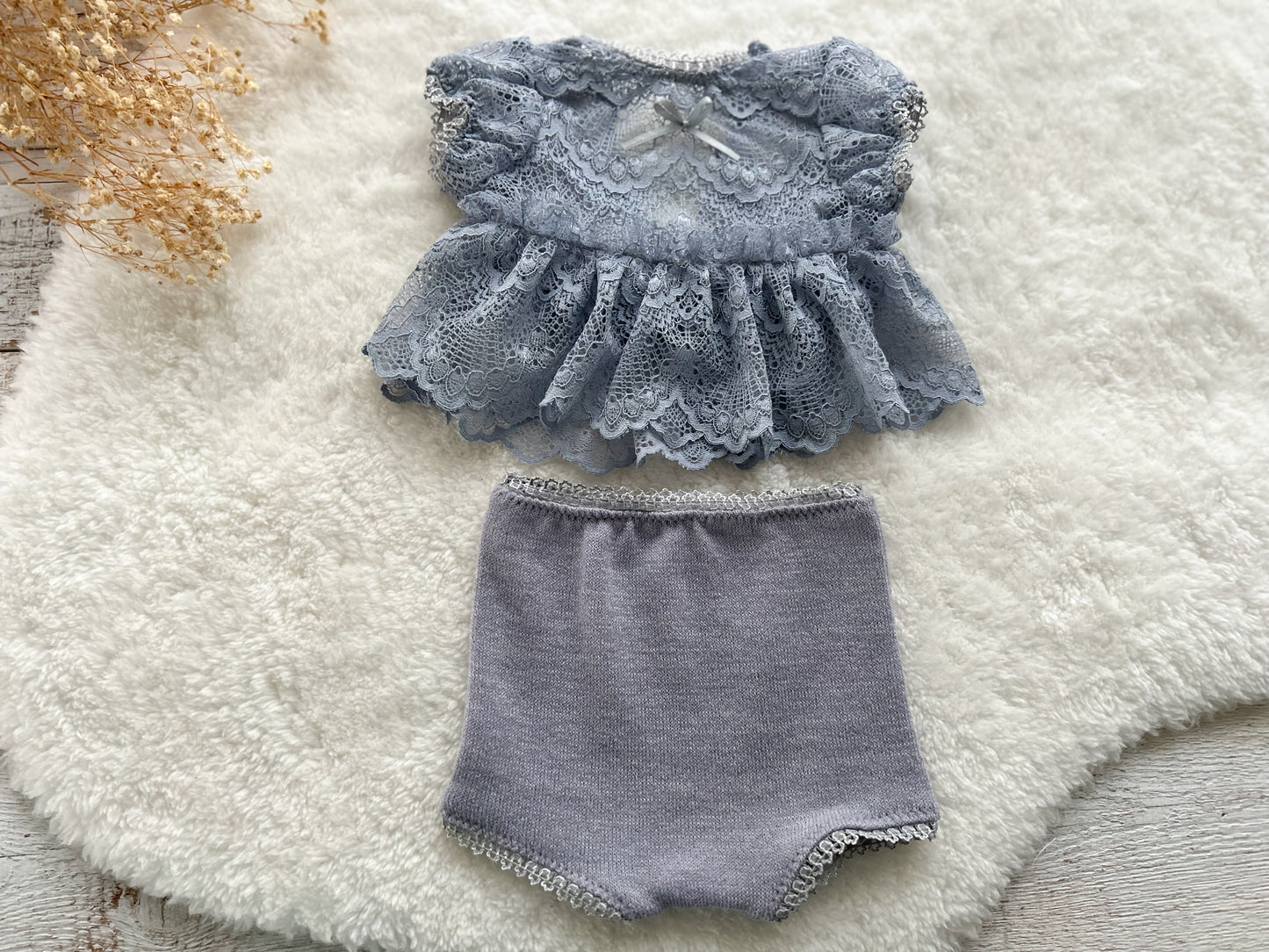 Newborn photography outfit with lace top and soft knit panties in lavender tone