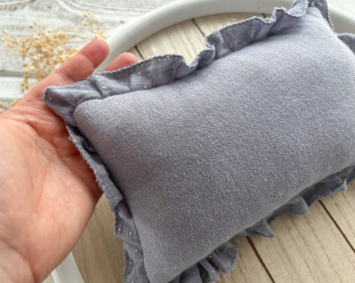 Newborn posing pillow, jersey fabric, ruffles on margins, dusty lavender color.