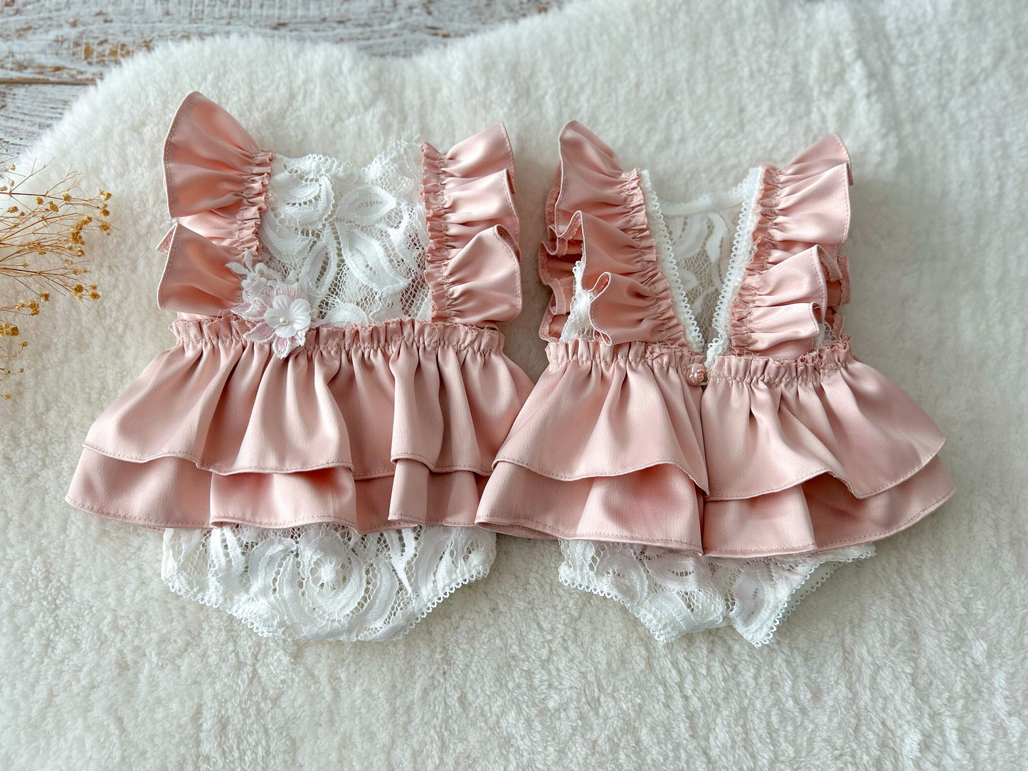 newborn photo outfit with ruffles in blush pink color and white lace
