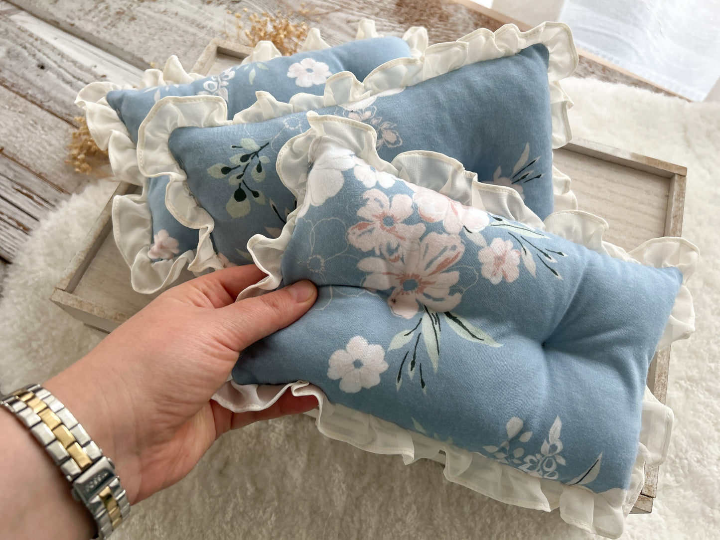 Newborn posing pillow blue floral print with ruffled margins