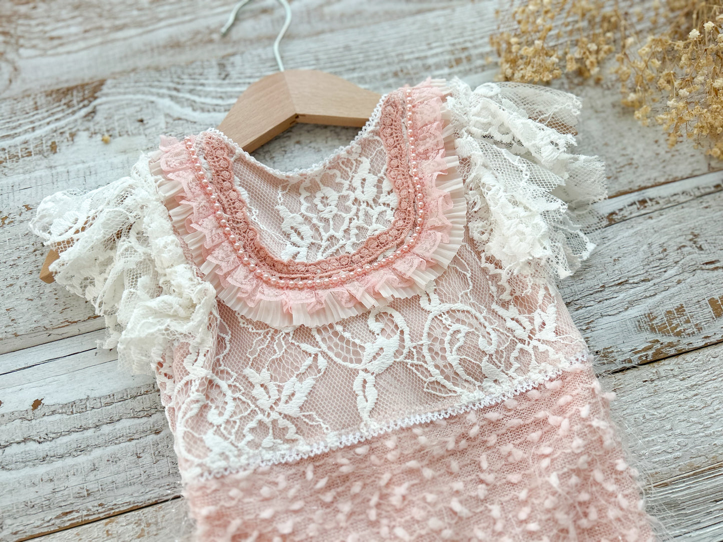 Baby girl first birthday outfit with lace and pearls