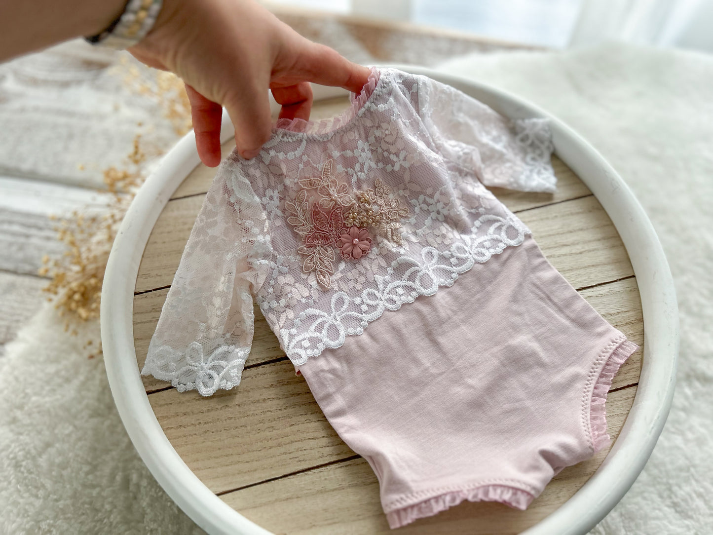 Newborn photography romper with lace, luxury baby props