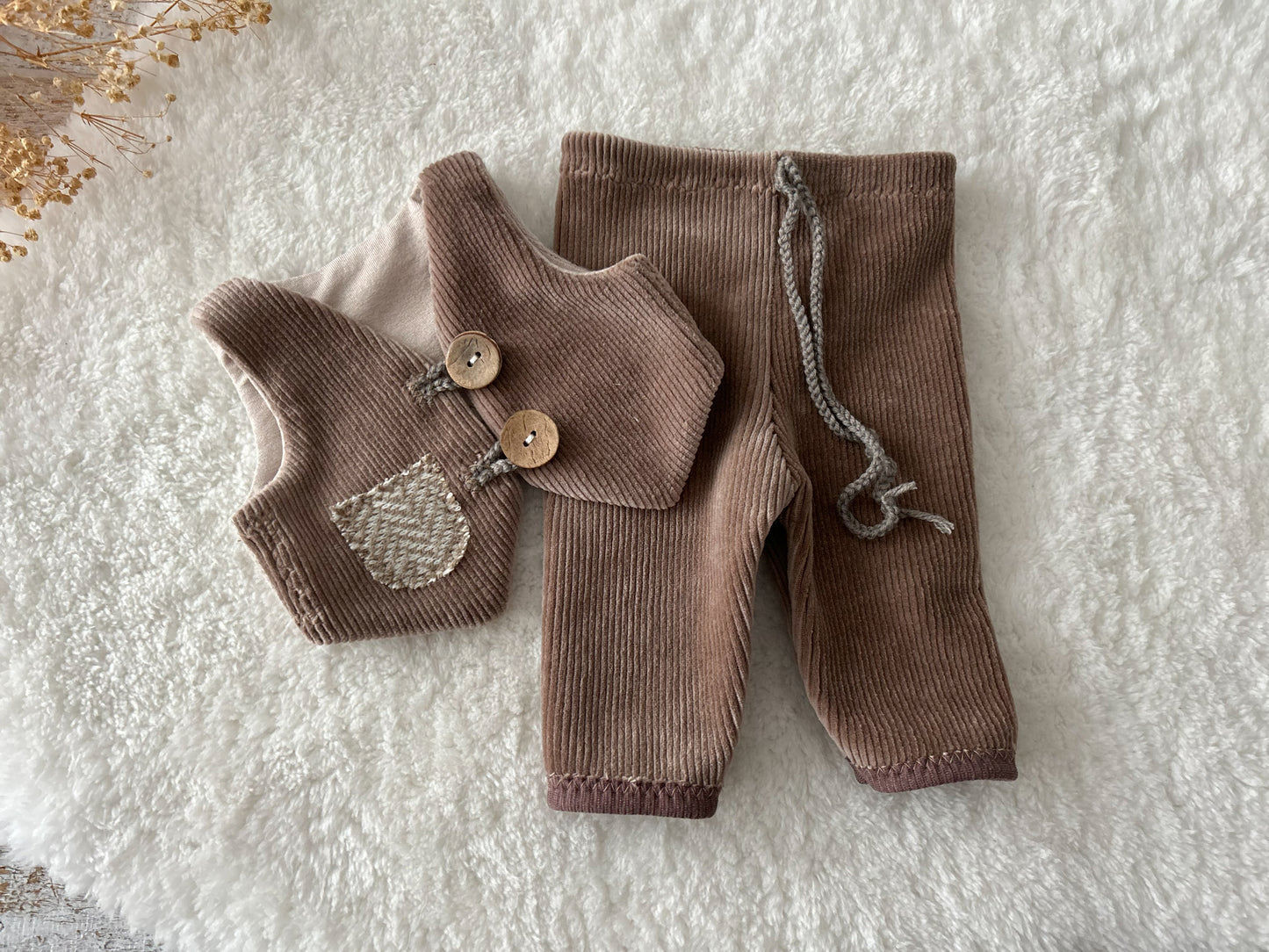 Newborn Boy Outfit – Gentleman Vest Set with Pants, Pillow & Cap – Chestnut Brown