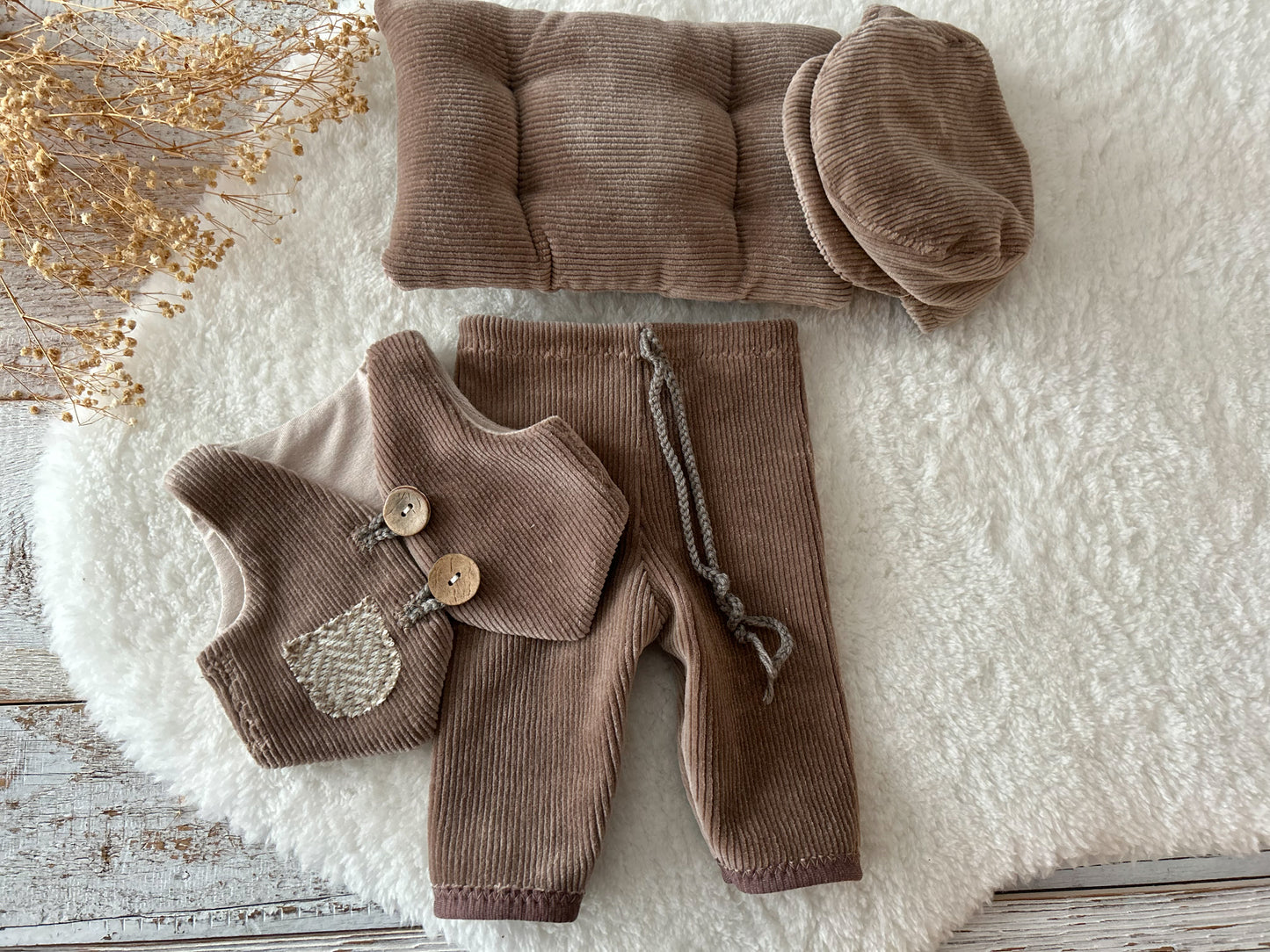 Newborn Boy Outfit – Gentleman Vest Set with Pants, Pillow & Cap – Chestnut Brown