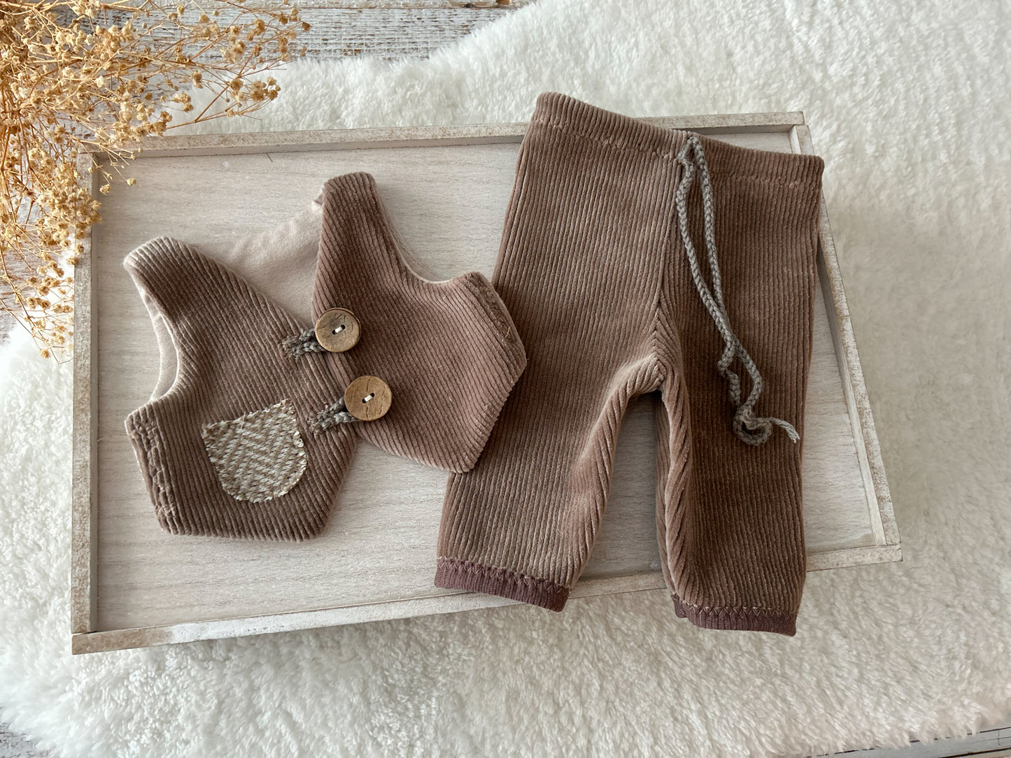 Newborn Boy Outfit – Gentleman Vest Set with Pants, Pillow & Cap – Chestnut Brown