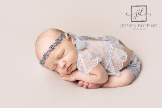 Baby headband, gray flower lace newborn tieback headband, newborn photo prop