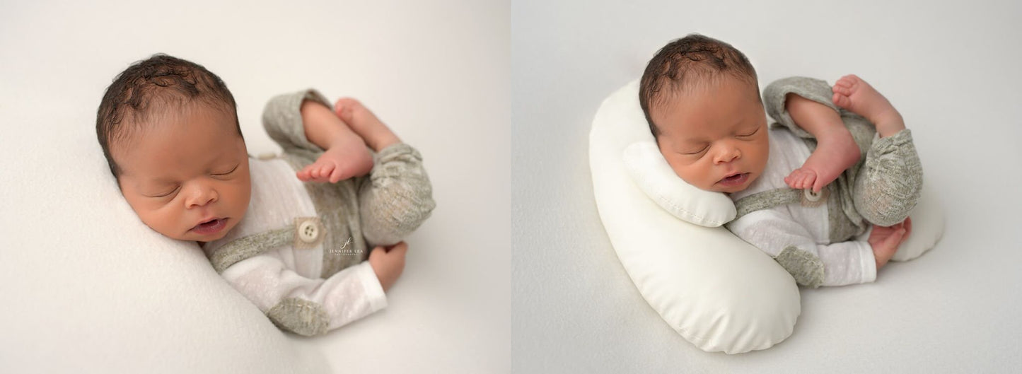 Baby posed using the our newborn photography bean shaped posing pillows. Exemple on how to use the pillows in a newborn photography shoot