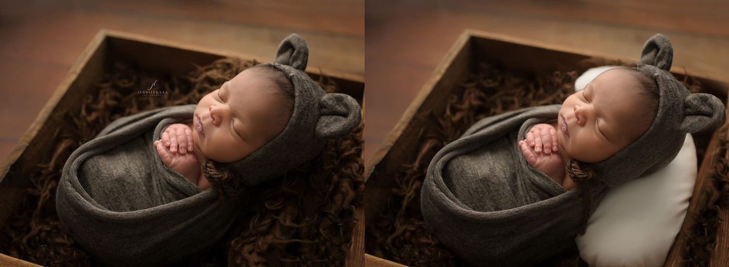 Newborn posing pillow in a wooden tray for newborn photography