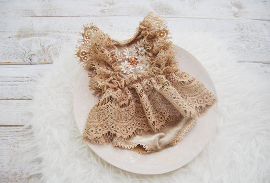Sitter baby gown romper, beige lace SITTER romper photography prop, baby photo props