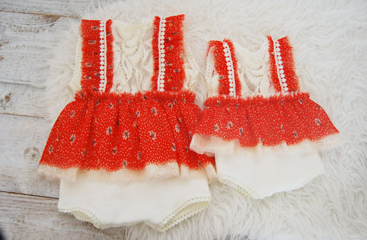Sitter outfit photo prop for baby girls | Red lace baby girl romper with ruffles for photography shoots | Sitter romper photo prop