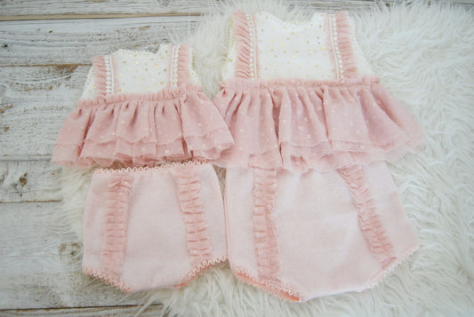 Sitter outfit photo prop: lace top and panties for baby girls; pink baby outfit