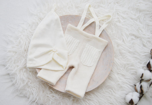 Newborn boy pants and hat set for photography, ivory newborn photo prop outfit