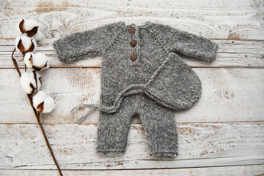 Knit Romper Newborn Boy, Gray Photo Prop Outfit, Newborn Photography Prop, Newborn Bonnet, Knitted Overall Set, Alpaca Baby Outfit