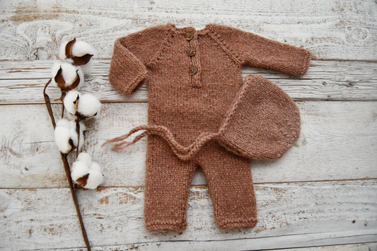 Knitted Newborn Romper, Newborn Bonnet, Knit Baby Photo Outfit, Newborn Boy Photo Props, Photography Outfit, Photography Props