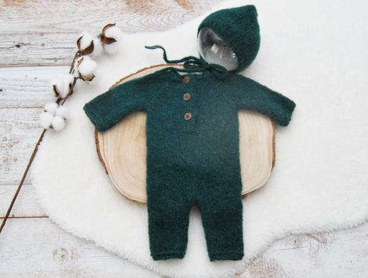 Knit Baby Boy Romper, FOREST GREEN Overall for Photo Shoot, Newborn Photography Romper, Newborn Boy Knitted Romper and Hat, Knit Hat Baby