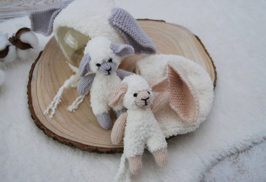Photography SET: Cuddle Toy and Newborn Bonnet - SHEEP, Newborn Photo Props, Little Knitted Toy, Baby Bonnet with Ears, Photography Prop