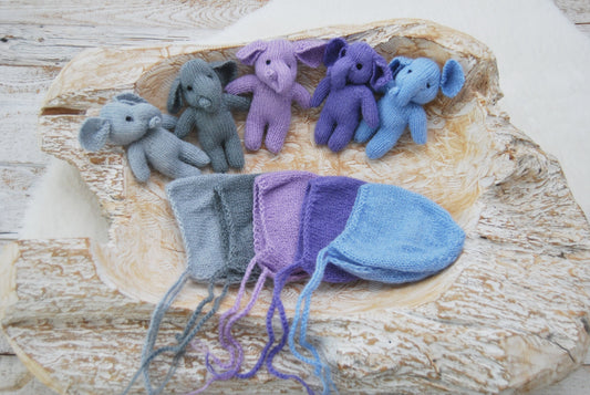 Knitted Toy Newborn Photo Prop - CHOOSE COLOR, Elephant Toy & Bonnet, Knit Newborn Props, Newborn Cuddle Toy, Photography Props