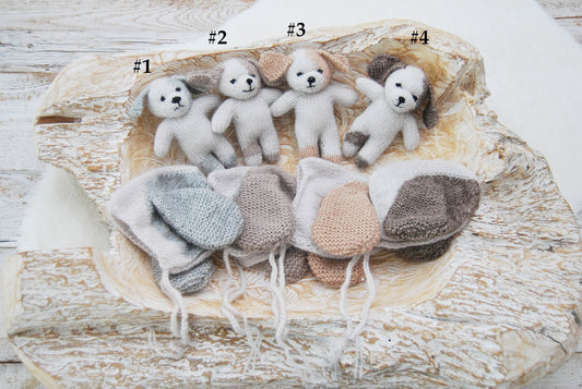 Newborn Toy Photo Prop, DOG Cuddle Toy & Newborn Bonnet, Newborn Props, Photography Set, Newborn Lovey