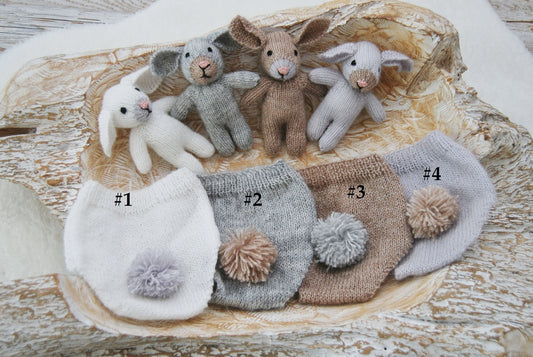 3 Pieces Photography SET: Bunny Toy, Newborn Bonnet, Newborn Panties; Newborn Photo Props, Knitted Bunny Outfit for Newborn