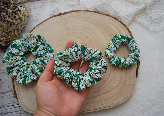 Silky woman scrunchie, Green floral scrunchies, Big fluffy scrunchie for hair, Hair accessory for long hair, Gift for her