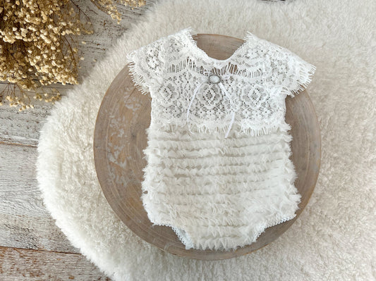 Newborn romper girl, Newborn photo prop, White outfit for baby girl first photo shoot, Lace newborn outfit