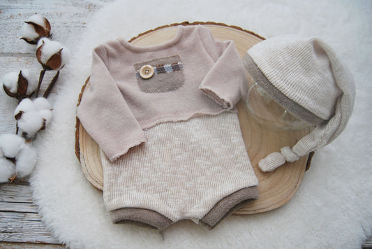 Newborn boy photo props, Romper and sleepy hat for photo shoots, Neutral baby boy photo outfit, Beige baby romper photography prop