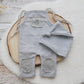 Gray baby romper with matching sleepy hat, photography prop