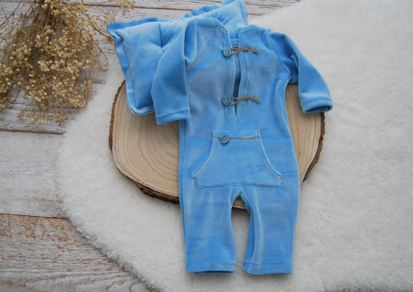 Newborn photo prop set, BLUE newborn romper boy, Velvet outfit baby boy, Newborn sleepy hat, Posing pillow