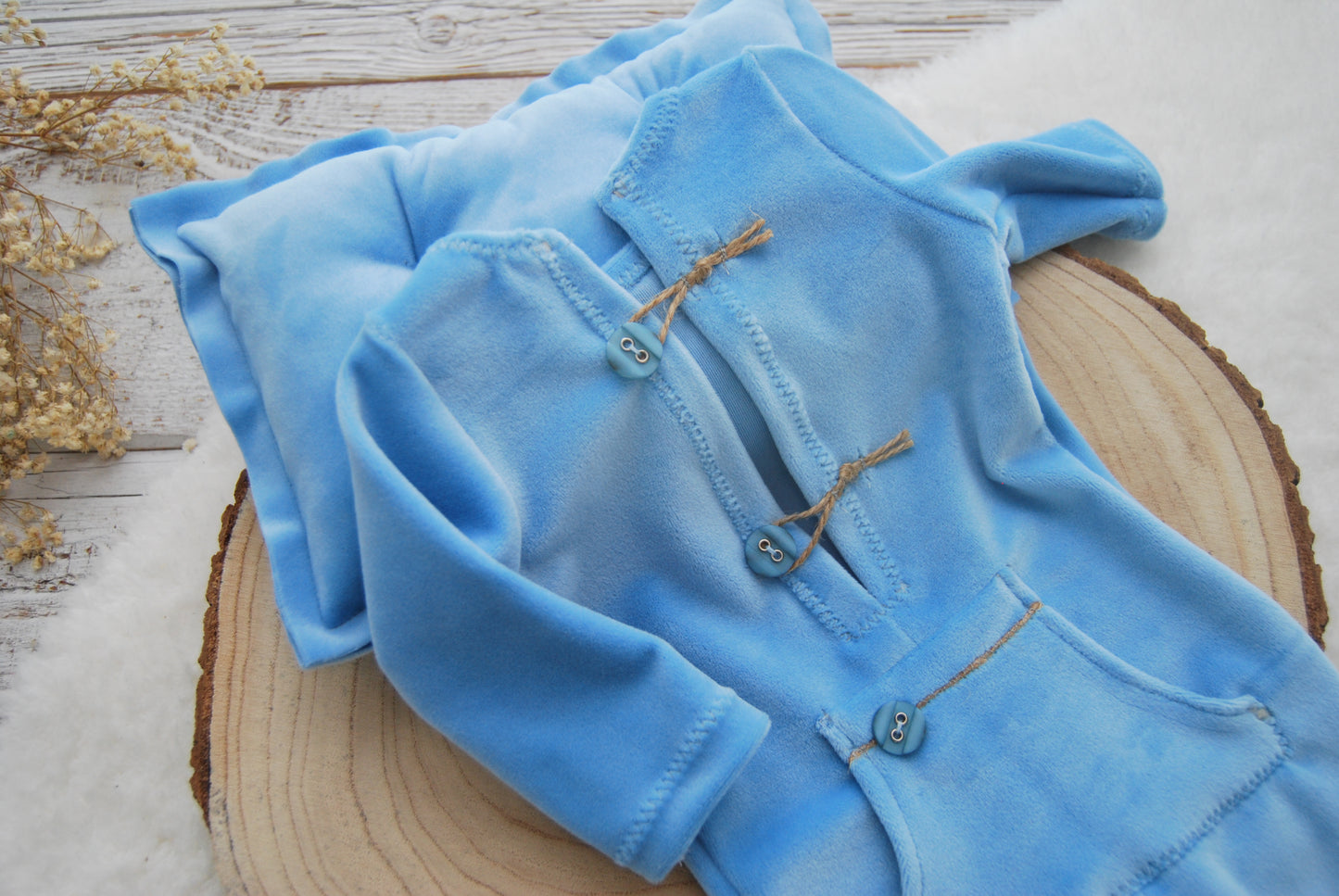 Newborn photo prop set, BLUE newborn romper boy, Velvet outfit baby boy, Newborn sleepy hat, Posing pillow