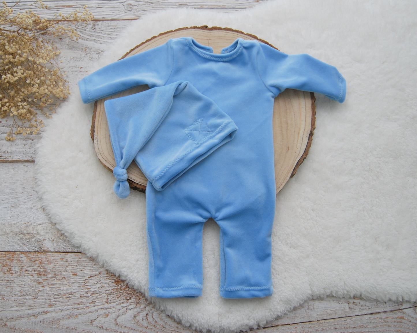 Newborn photo prop set, BLUE newborn romper boy, Velvet outfit baby boy, Newborn sleepy hat, Posing pillow