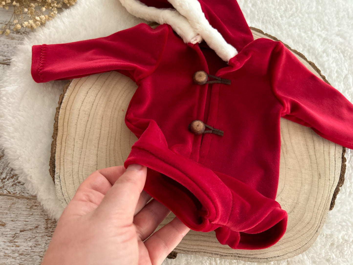 Christmas newborn hooded romper, Red Santa newborn outfit, Newborn photo prop boy