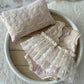 Newborn Photo Prop Set – Blush Romper, Embroidered Pillow & Matching Wrap
