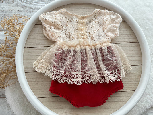 Newborn romper cream and red lace for baby girl photo sessions