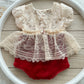 Baby girl photo shoot dress newborn size red velvet with lace on top and ruffled skirt