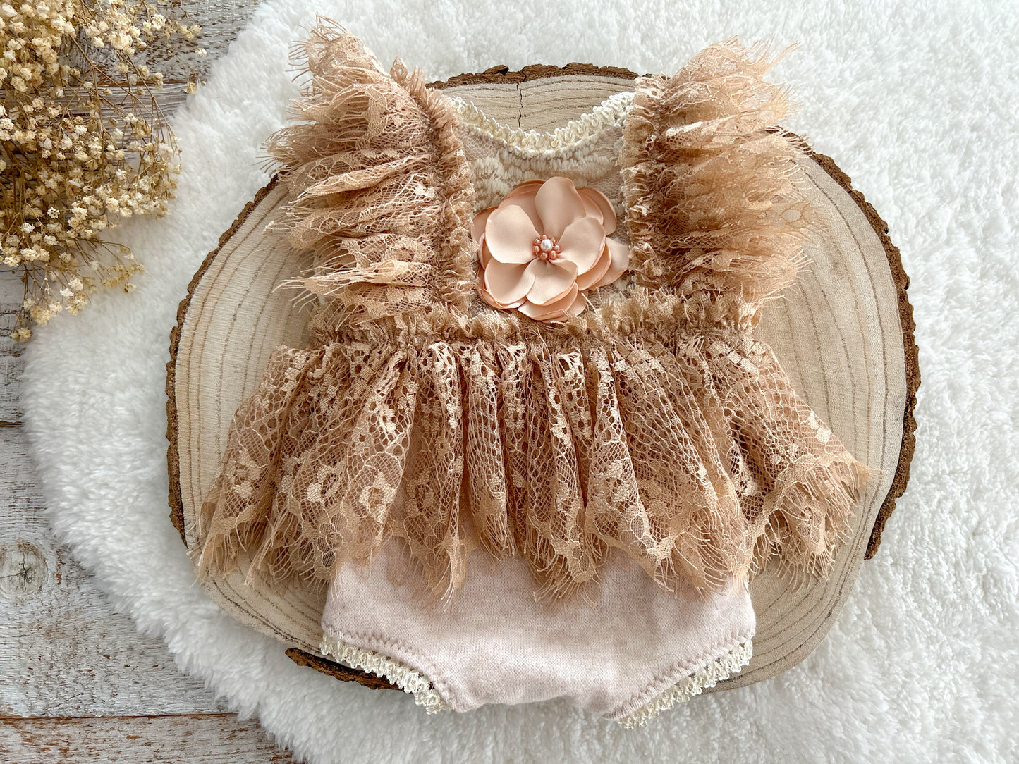 Lace newborn romper, Beige floral newborn dress, Newborn photo prop, Baby girl outfit, Newborn gift romper, Photography prop