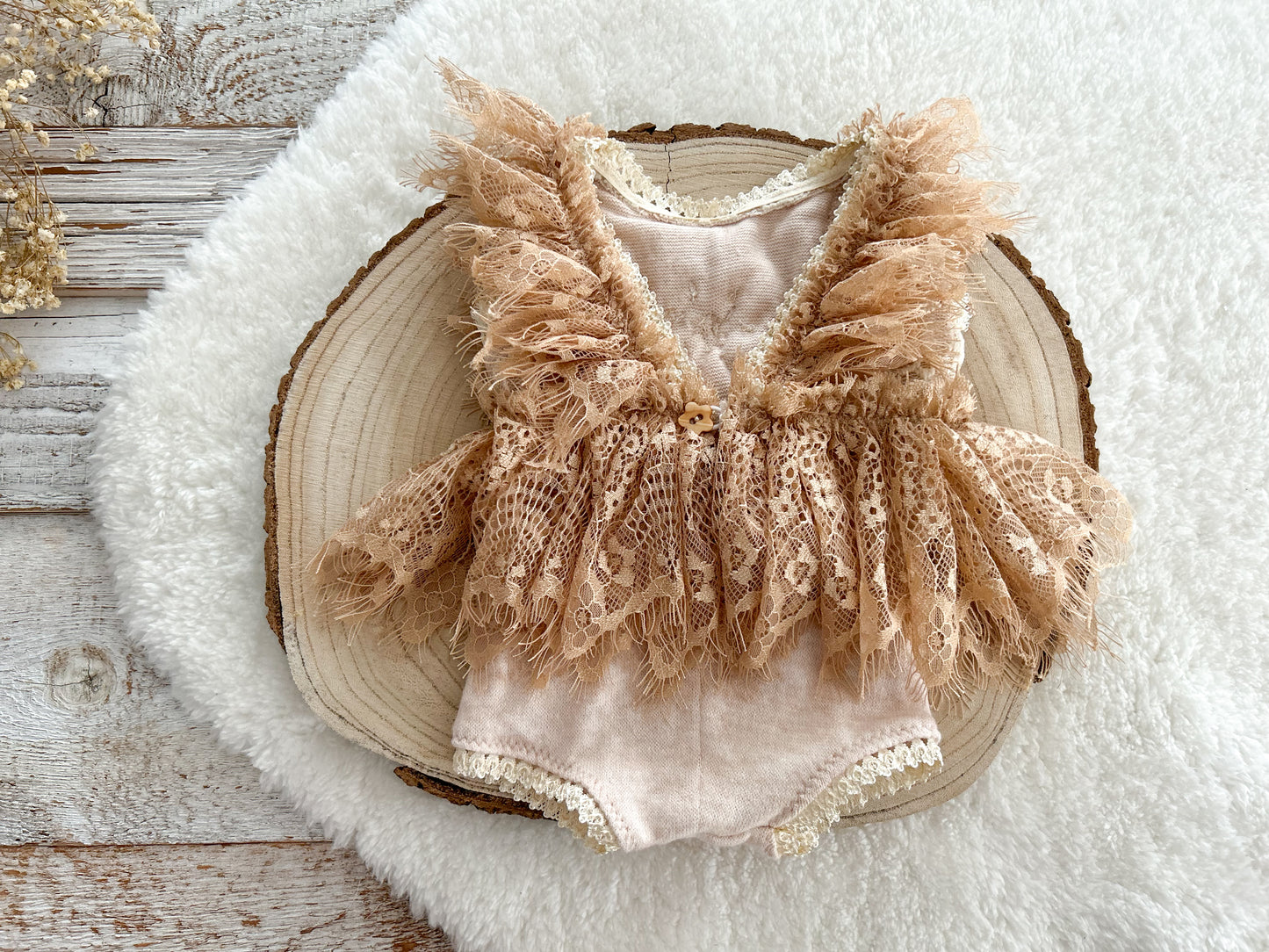 Lace newborn romper, Beige floral newborn dress, Newborn photo prop, Baby girl outfit, Newborn gift romper, Photography prop