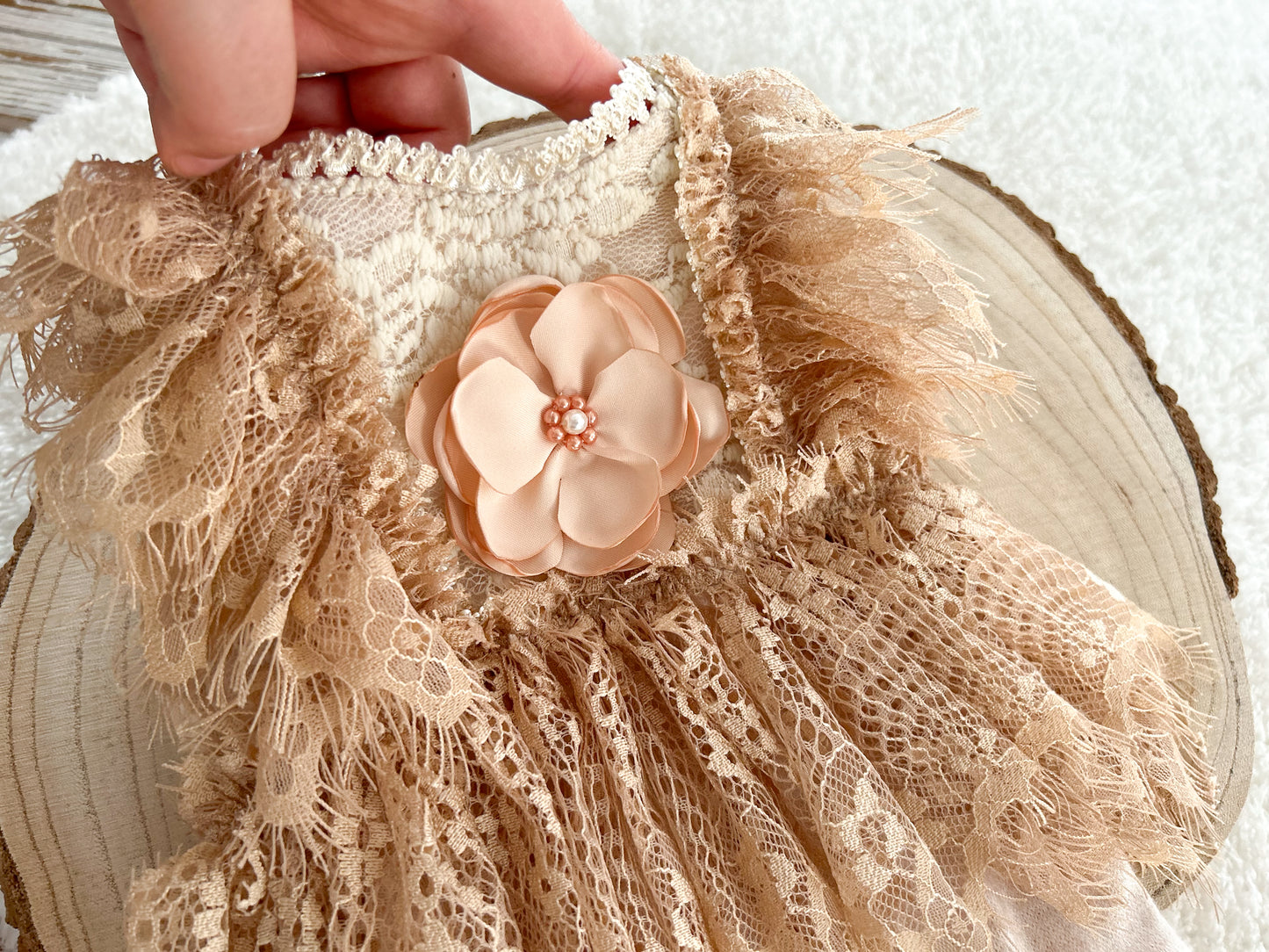 Lace newborn romper, Beige floral newborn dress, Newborn photo prop, Baby girl outfit, Newborn gift romper, Photography prop