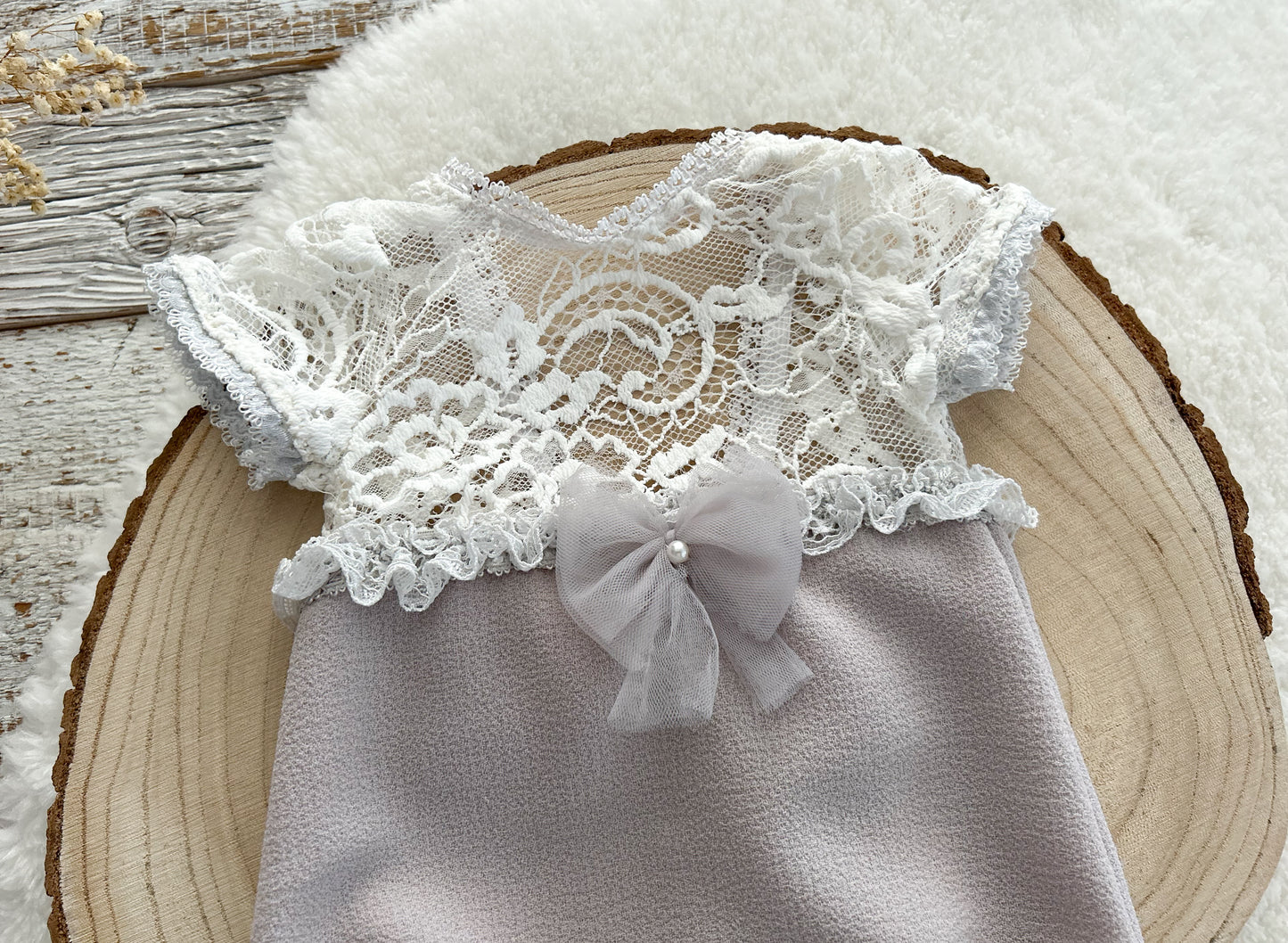 Neutral lace newborn romper, Newborn photo prop, Baby girl outfit for photography, Gray newborn outfit