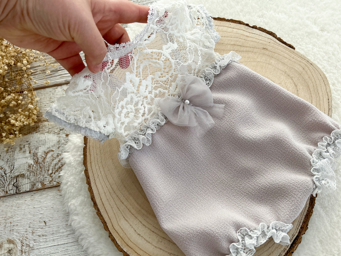 Neutral lace newborn romper, Newborn photo prop, Baby girl outfit for photography, Gray newborn outfit