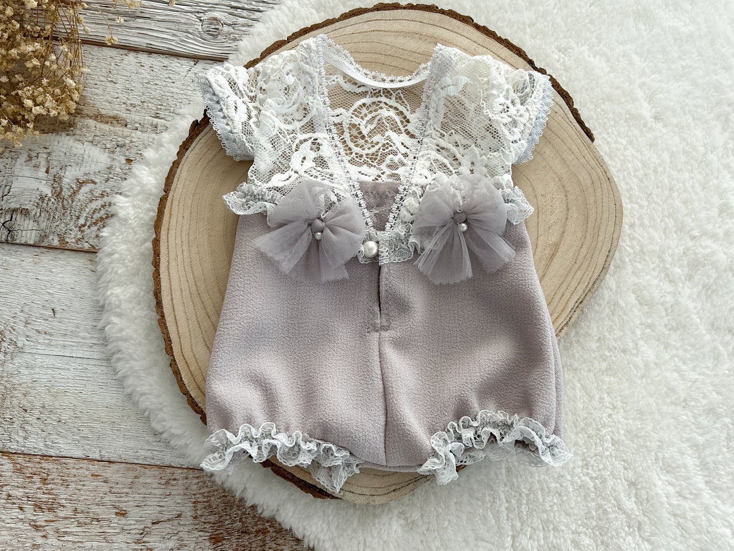 Neutral lace newborn romper, Newborn photo prop, Baby girl outfit for photography, Gray newborn outfit