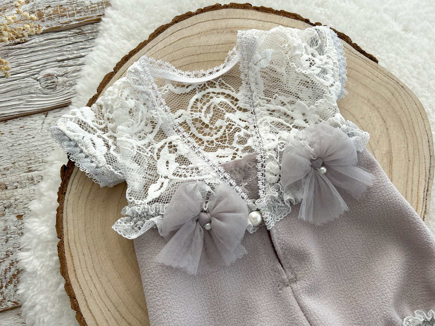 Neutral lace newborn romper, Newborn photo prop, Baby girl outfit for photography, Gray newborn outfit