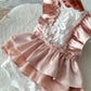6-12 months dress satin in rose pink white lace sitter romper