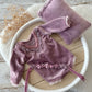 Newborn photography set: romper, pillow, tieback headband, velvet purple 

