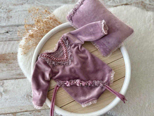 Newborn photography set: romper, pillow, tieback headband, velvet purple 

