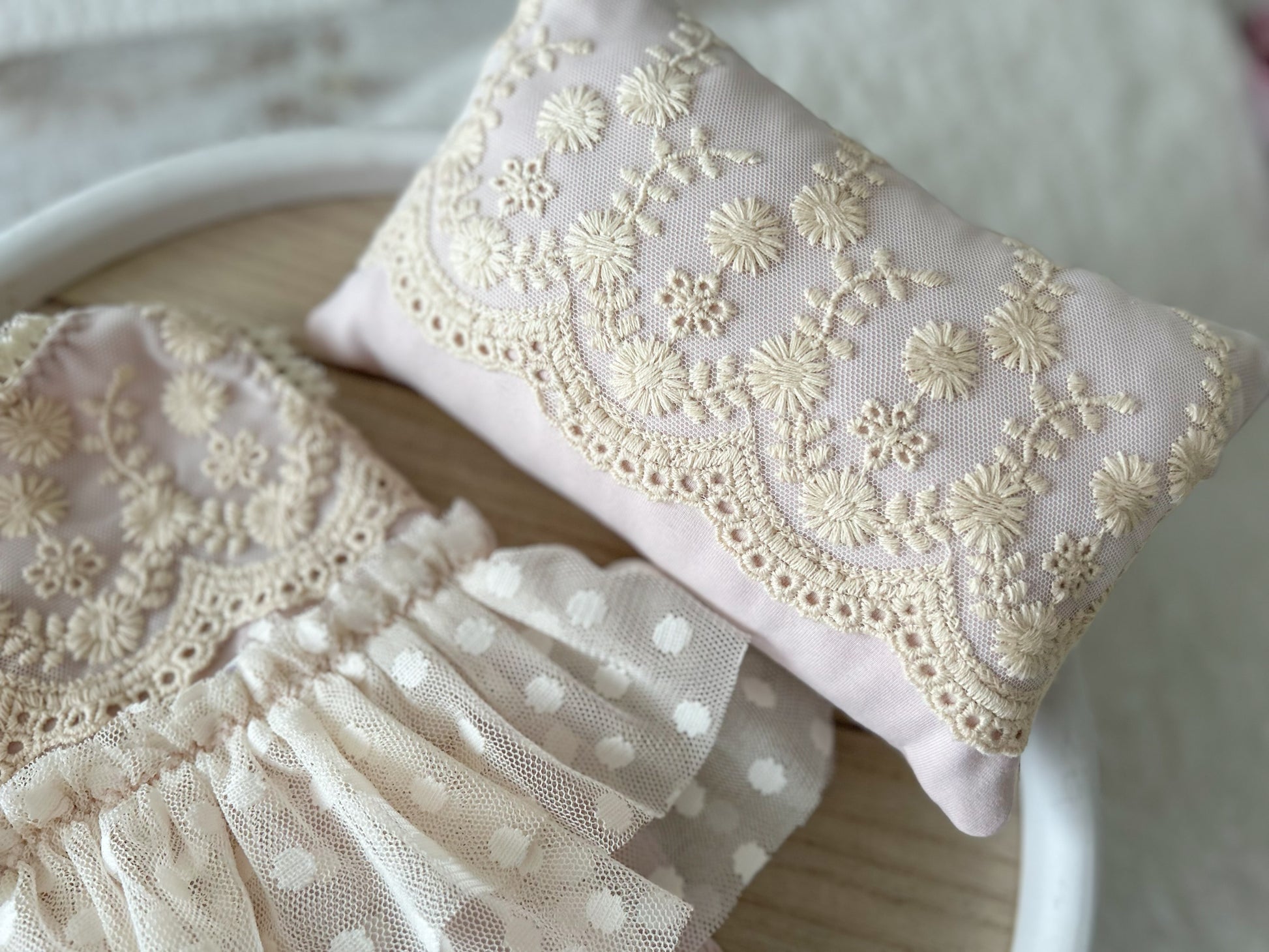 Newborn posing pillow in boho style for newborn photo shoots, lace newborn pillow blush pink vintage lace