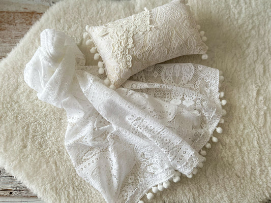 White lace wrap and pillow set with pom pom trim – newborn photography props