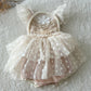 Sitter dress boho style with polka dot skirt, lace embroidery on front, perfect as photo prop