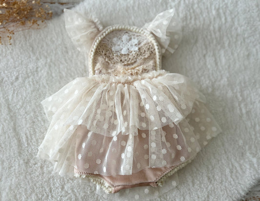 Sitter dress boho style with polka dot skirt, lace embroidery on front, perfect as photo prop
